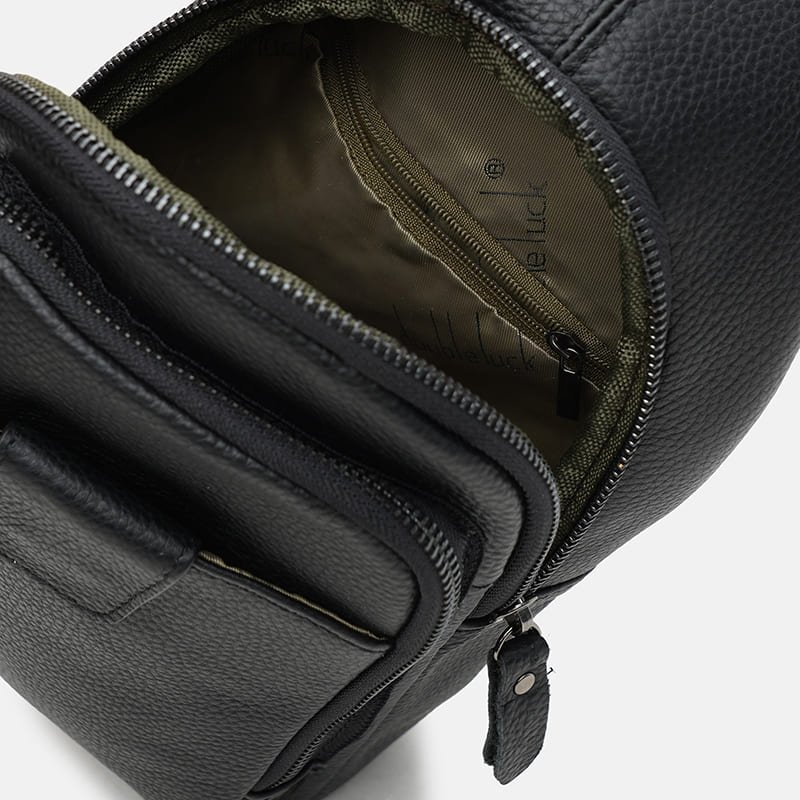 Чоловічий чорний слінг-рюкзак середнього розміру з натуральної шкіри Keizer (21414)