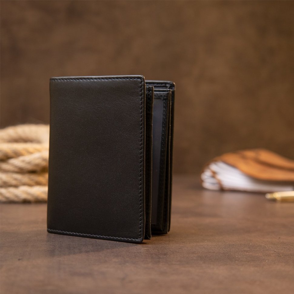 Черное компактное мужское портмоне из натуральной кожи под много карт Vintage (2420433)