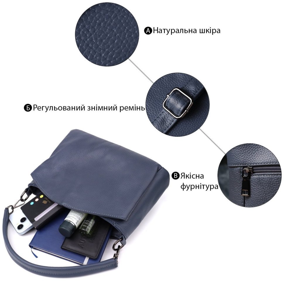 Повседневная женская сумка на плечо из натуральной фактурной кожи синего цвета Vintage 98158 modnotak фото №4