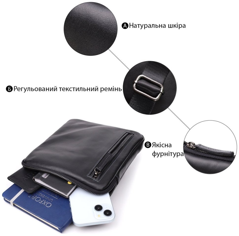 Практичная мужская сумка планшет из гладкой кожи черного цвета Shvigel через плечо 108358 modnotak фото №4