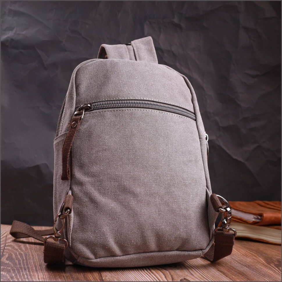 Серый мужской слинг-рюкзак из плотного текстиля на две молнии Vintage 2422161