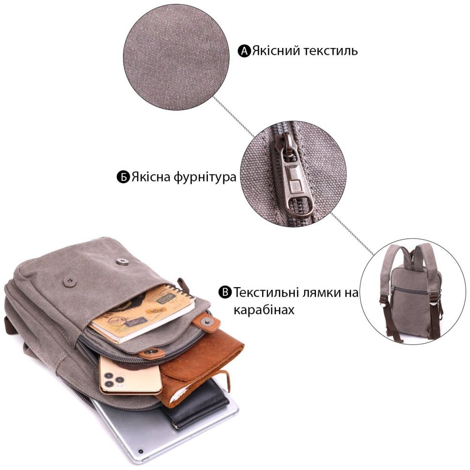Сірий чоловічий слінг-рюкзак із щільного текстилю на дві блискавки Vintage 2422161 фото №11 Сірий чоловічий слінг-рюкзак із щільного текстилю на дві блискавки Vintage 2422161 modnotak фото №11