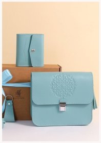 Жіночий подарунковий набір (сумка, гаманець, брелок) із натуральної шкіри бірюзового кольору BlankNote 78558