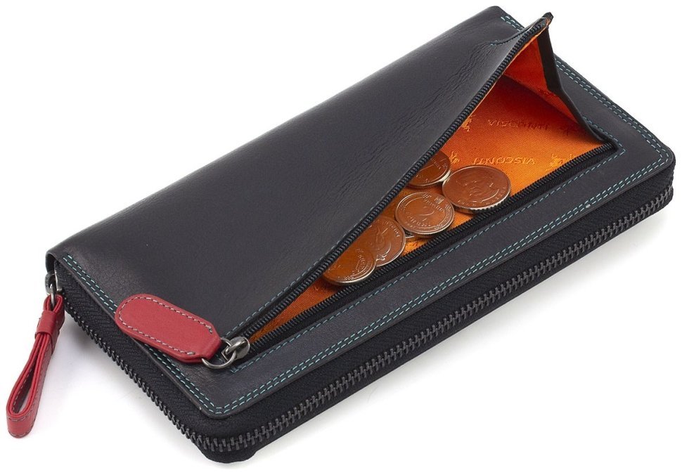 Просторий жіночий гаманець з натуральної шкіри чорного кольору на блискавці Visconti Iris 68758