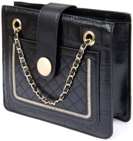 Стильная женская сумка из кожзаменителя черного цвета с цепочкой и тиснением кроко Vintage Style 91059