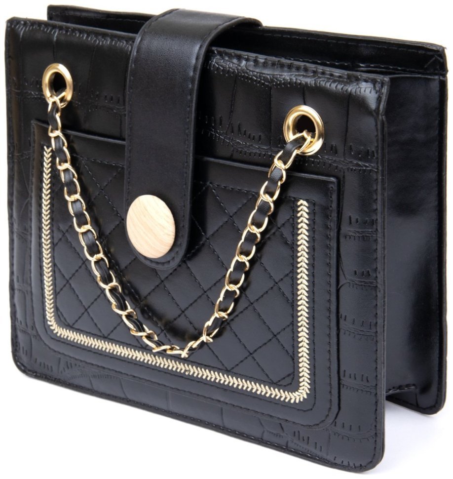 Стильная женская сумка из кожзаменителя черного цвета с цепочкой и тиснением кроко Vintage Style 91059 modnotak фото №1