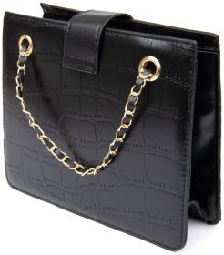 Стильная женская сумка из кожзаменителя черного цвета с цепочкой и тиснением кроко Vintage Style 91059