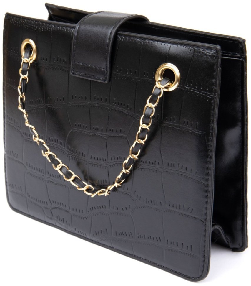 Стильная женская сумка из кожзаменителя черного цвета с цепочкой и тиснением кроко Vintage Style 91059 modnotak фото №2