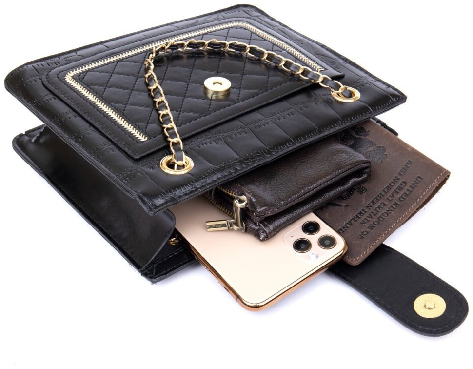 Стильная женская сумка из кожзаменителя черного цвета с цепочкой и тиснением кроко Vintage Style 91059 modnotak фото №3