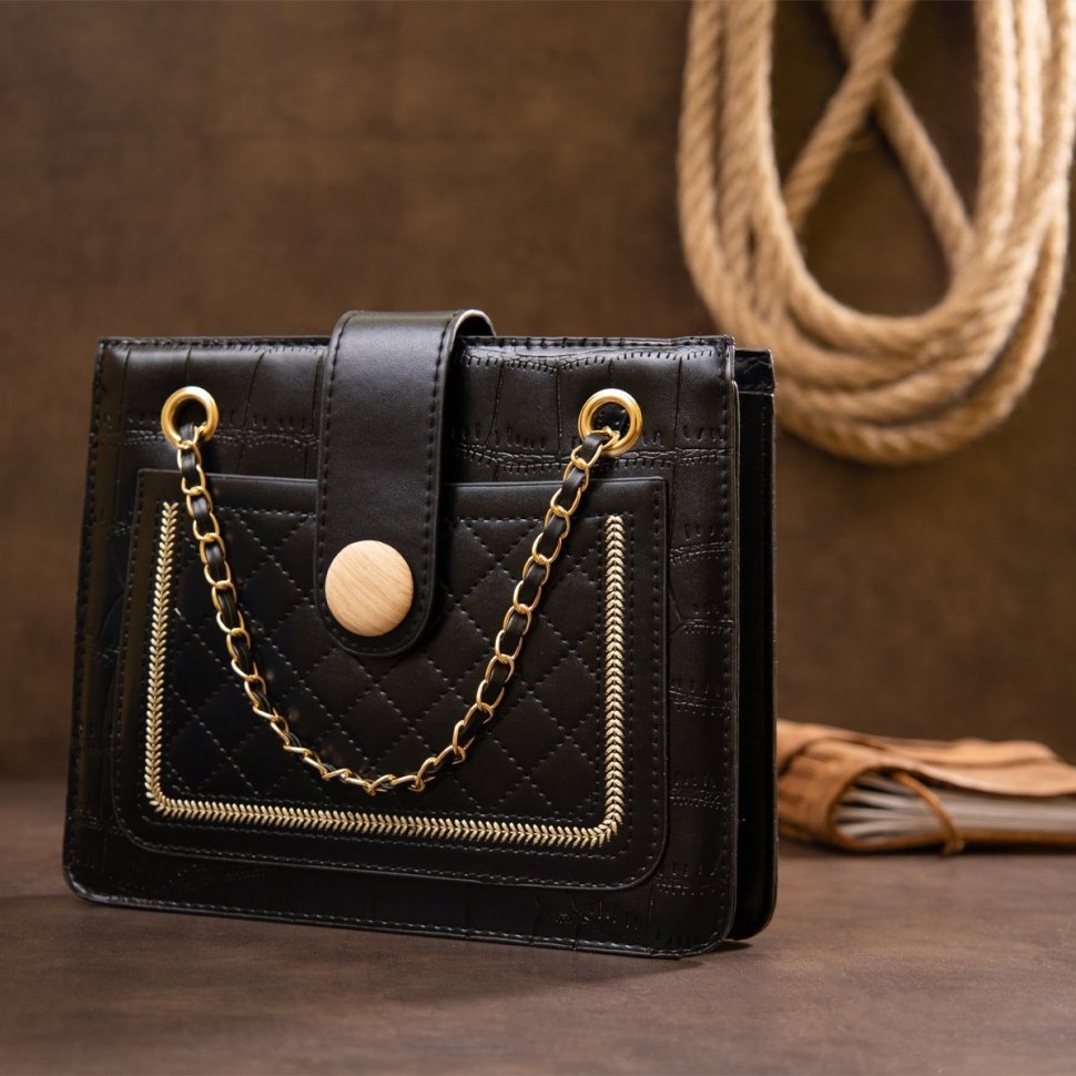 Стильная женская сумка из кожзаменителя черного цвета с цепочкой и тиснением кроко Vintage Style 91059 modnotak фото №4