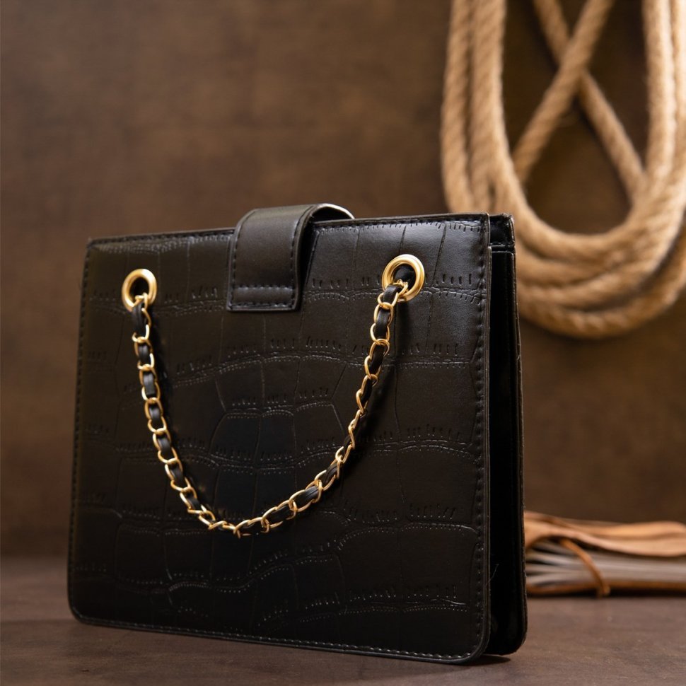 Стильная женская сумка из кожзаменителя черного цвета с цепочкой и тиснением кроко Vintage Style 91059 modnotak фото №5
