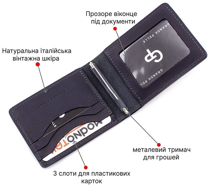 Темно-синій шкіряний затиск без застібки Grande Pelle (13112) modnotak фото №4