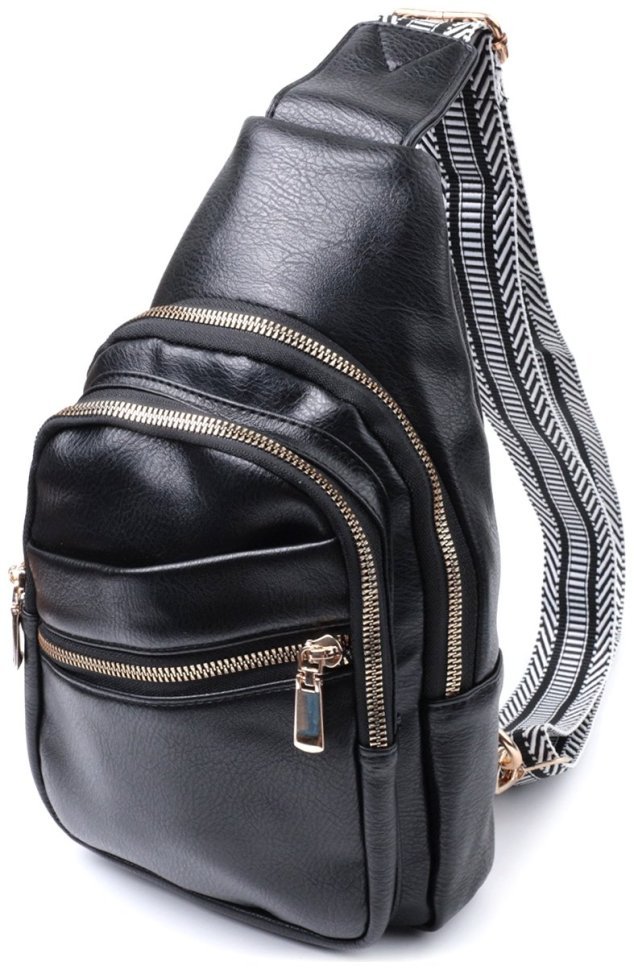 Удобная женская слинг-сумка с одной лямкой из экокожи Vintage 22759 Черный фото №1 Удобная женская слинг-сумка с одной лямкой из экокожи Vintage 22759 Черный modnotak фото №1