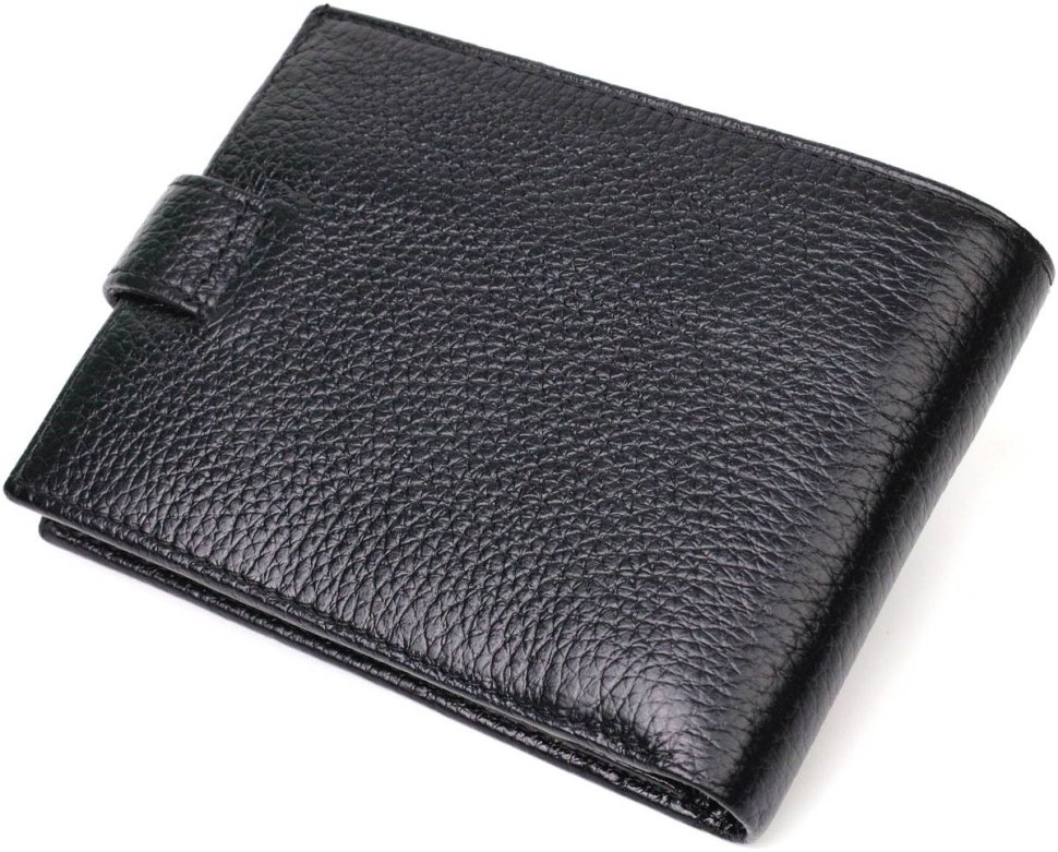 Чоловічий горизонтальний гаманець із натуральної шкіри чорного кольору на кнопці BOND (2422042)