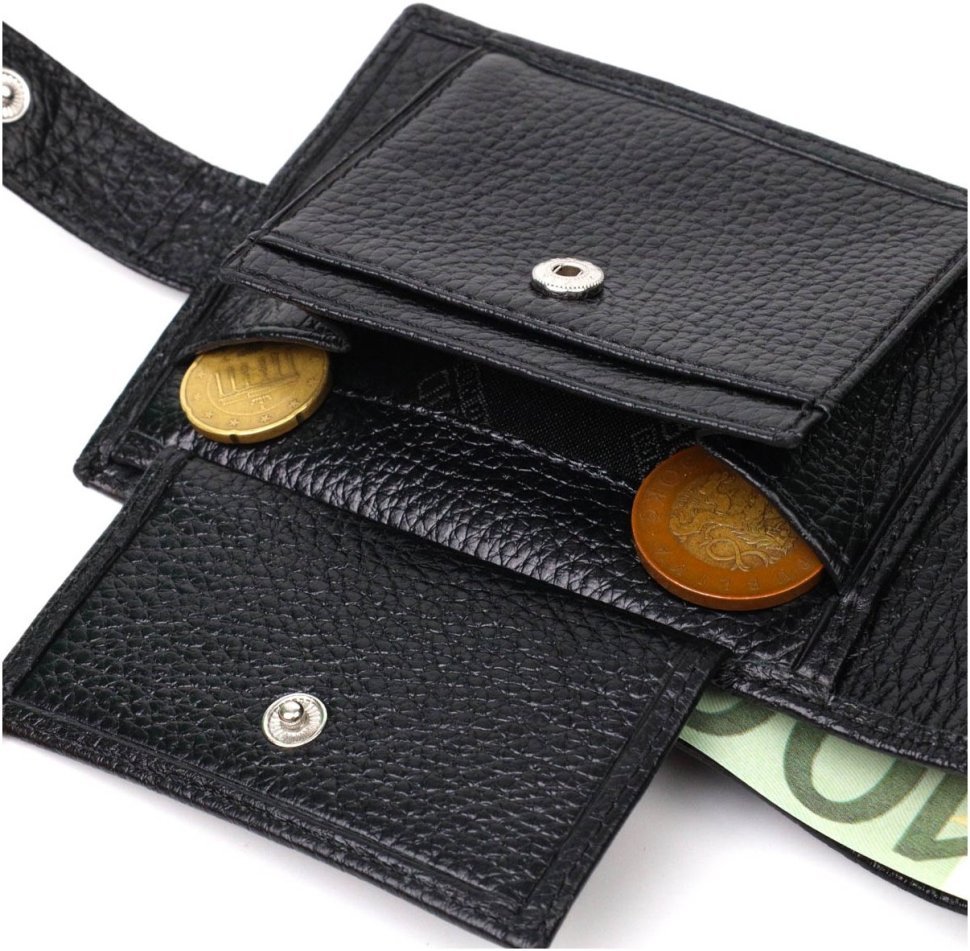 Чоловічий горизонтальний гаманець із натуральної шкіри чорного кольору на кнопці BOND (2422042)