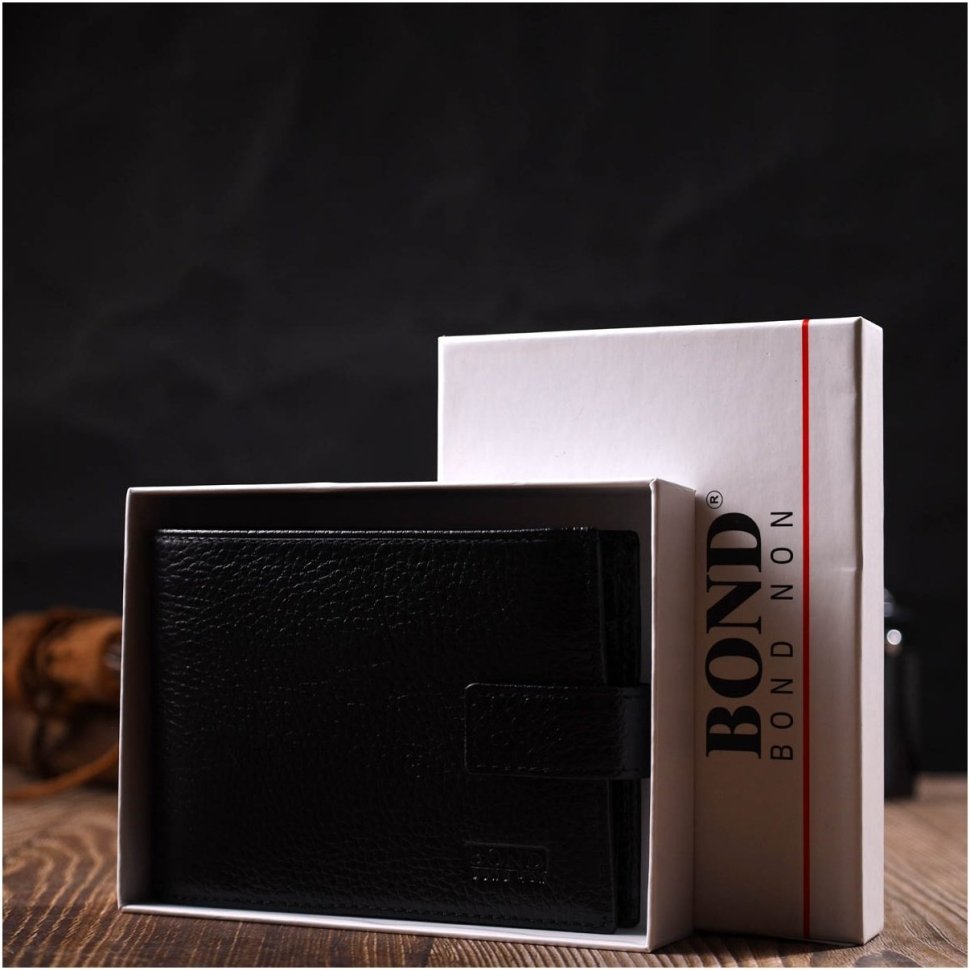 Мужской горизонтальный кошелек из натуральной кожи черного цвета на кнопке BOND (2422042)