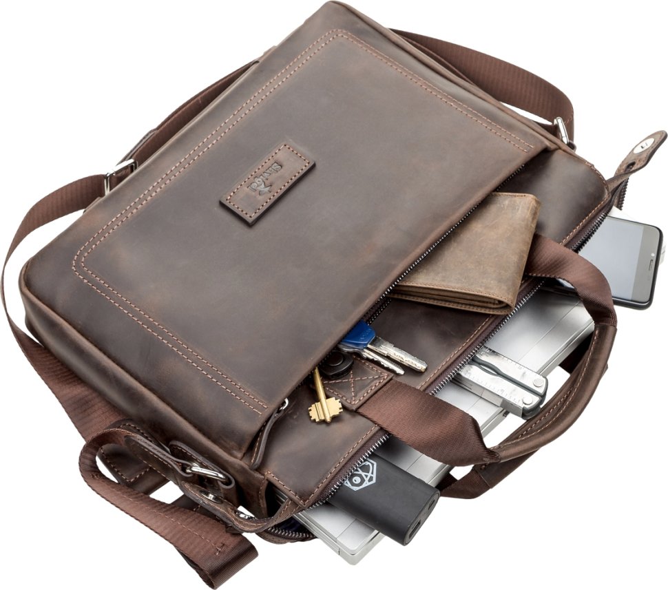 Чоловічий портфель із двома ручками з вінтажної шкіри в коричневому кольорі SHVIGEL (11108)