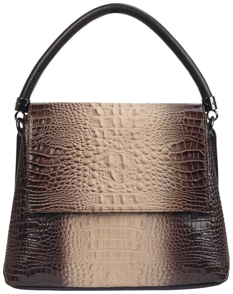 Каркасная женская сумка из натуральной кожи с фактурой под кроко с клапаном на магните Desisan 107559 бежевого цвета modnotak фото №1