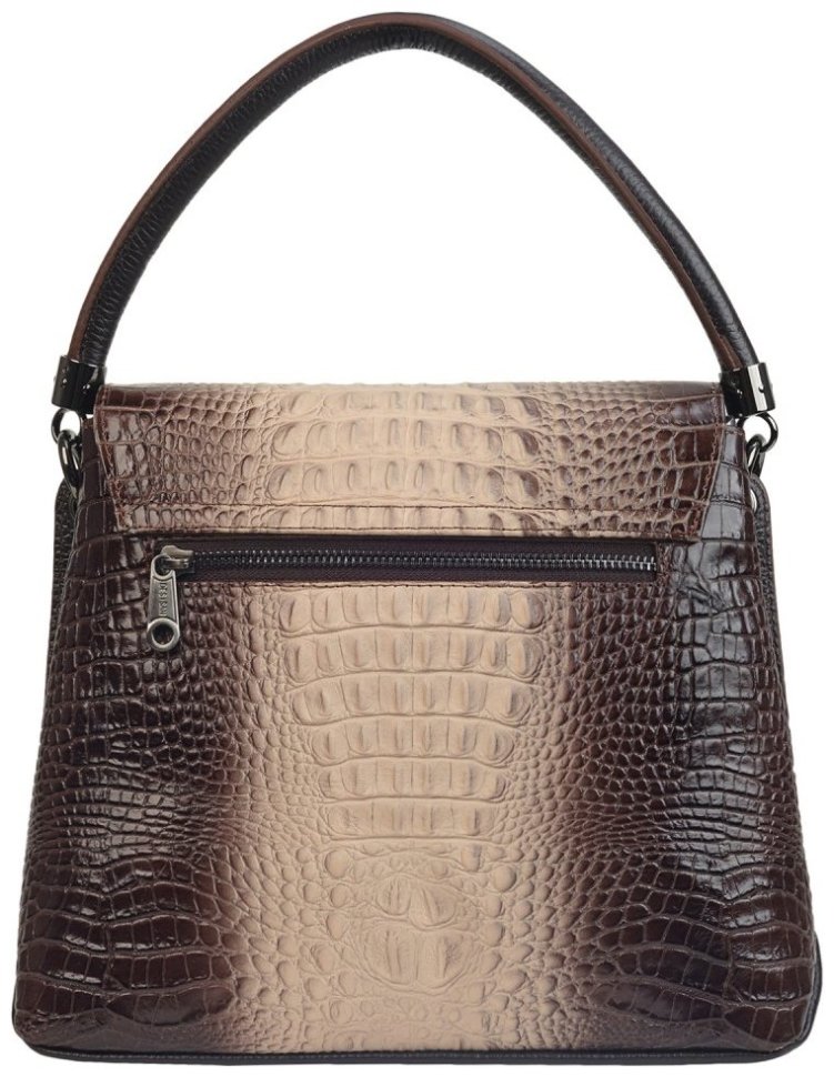 Каркасная женская сумка из натуральной кожи с фактурой под кроко с клапаном на магните Desisan 107559 бежевого цвета modnotak фото №2