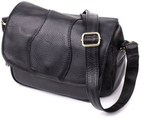 Стильная женская сумка через плечо из натуральной фактурной кожи черного цвета с клапаном на магните Vintage 108359