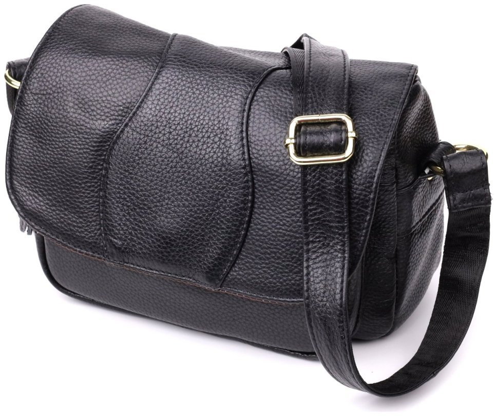 Стильная женская сумка через плечо из натуральной фактурной кожи черного цвета с клапаном на магните Vintage 108359 modnotak фото №1