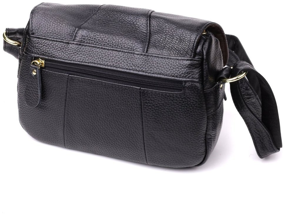 Стильная женская сумка через плечо из натуральной фактурной кожи черного цвета с клапаном на магните Vintage 108359 modnotak фото №2
