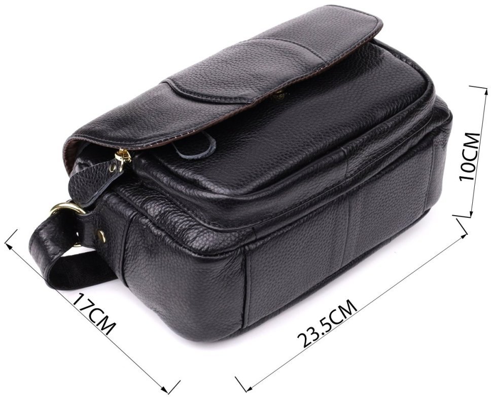 Стильная женская сумка через плечо из натуральной фактурной кожи черного цвета с клапаном на магните Vintage 108359 modnotak фото №3