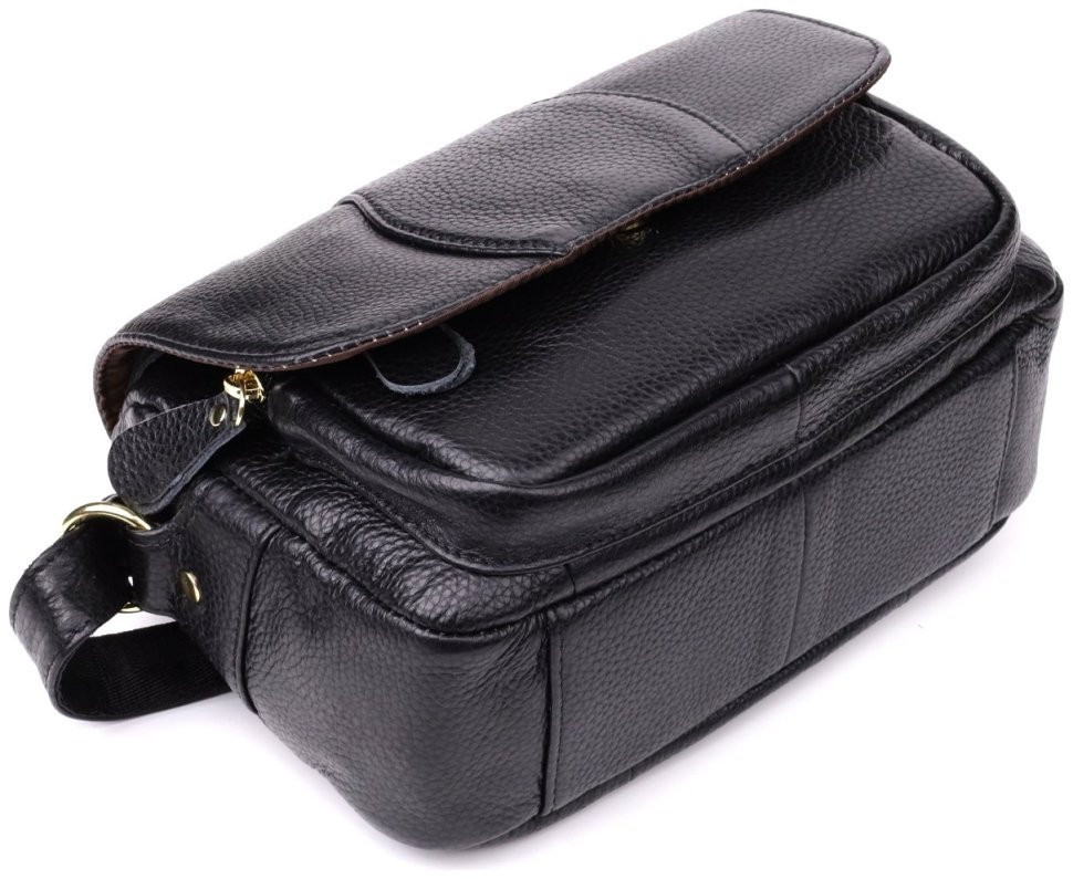 Стильная женская сумка через плечо из натуральной фактурной кожи черного цвета с клапаном на магните Vintage 108359 modnotak фото №5