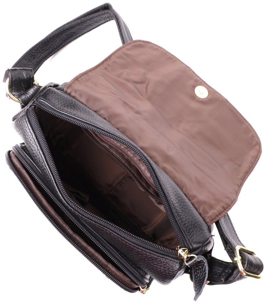 Стильная женская сумка через плечо из натуральной фактурной кожи черного цвета с клапаном на магните Vintage 108359 modnotak фото №6