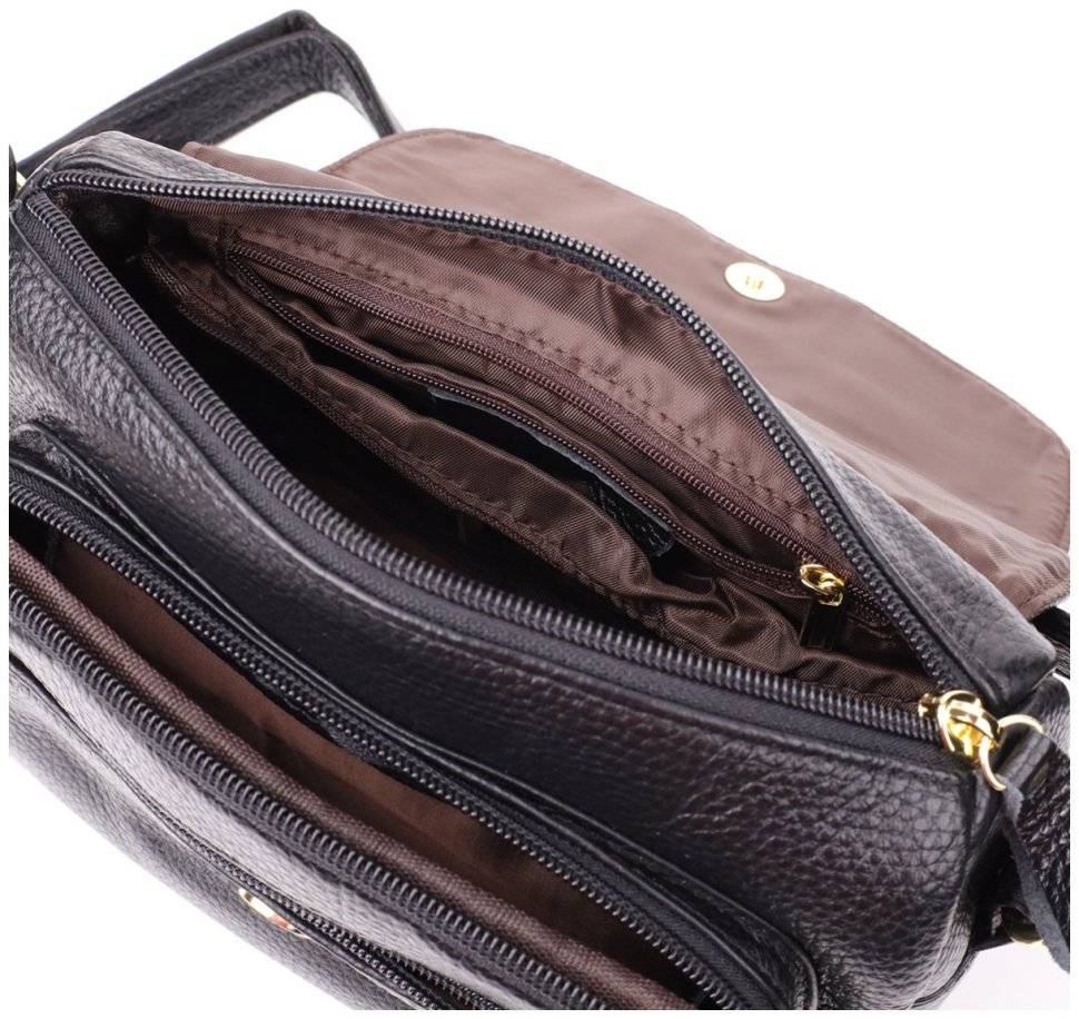 Стильная женская сумка через плечо из натуральной фактурной кожи черного цвета с клапаном на магните Vintage 108359 modnotak фото №7