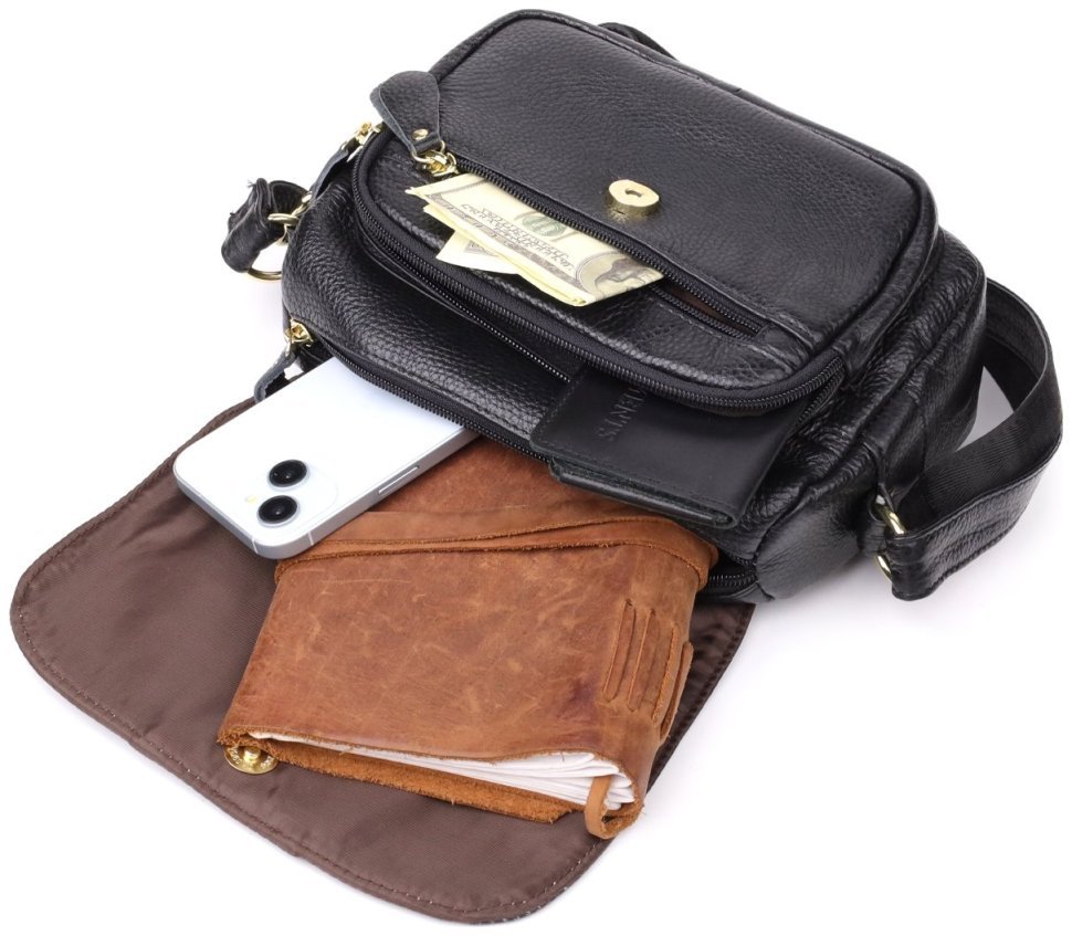 Стильная женская сумка через плечо из натуральной фактурной кожи черного цвета с клапаном на магните Vintage 108359 modnotak фото №9