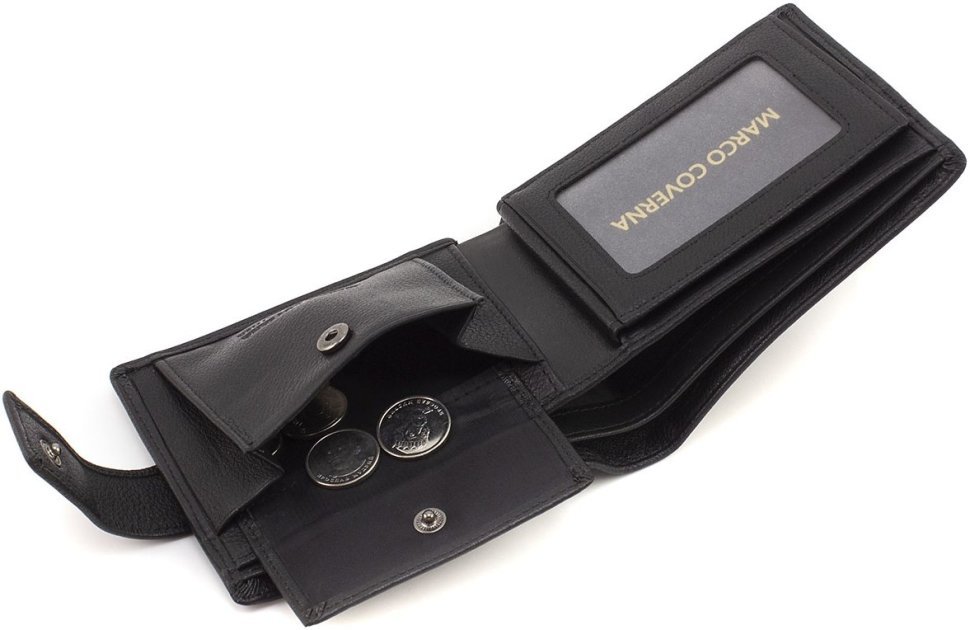 Черное кожаное мужское портмоне небольшого размера на кнопке Marco Coverna 68659