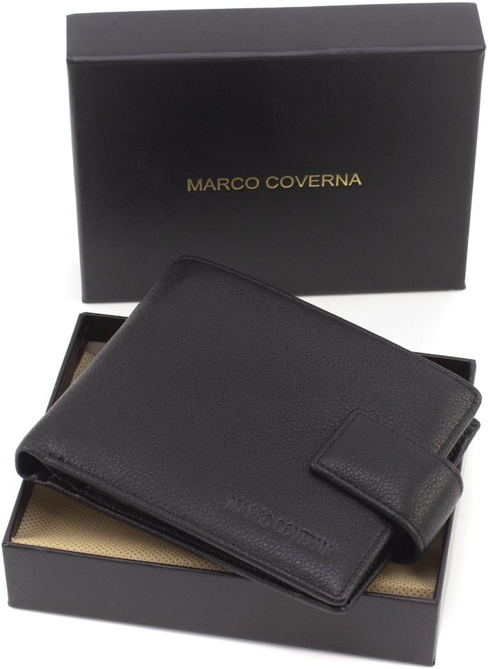 Черное кожаное мужское портмоне небольшого размера на кнопке Marco Coverna 68659