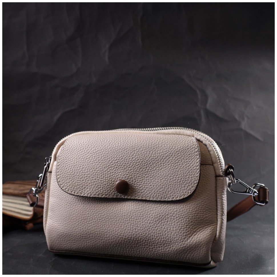Невелика жіноча сумка з натуральної шкіри білого кольору на дві блискавки Vintage 2422323