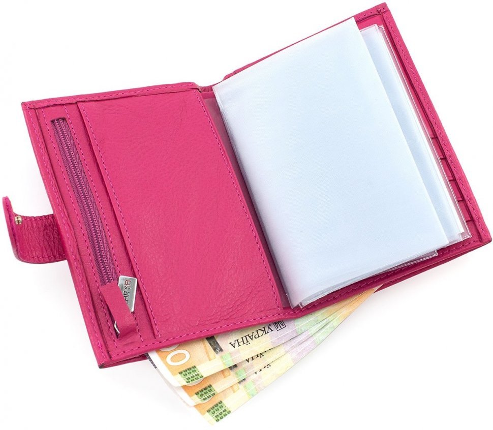 Яркая розовая обложка для документов из натуральной кожи с фиксацией на кнопку KARYA (440-040)