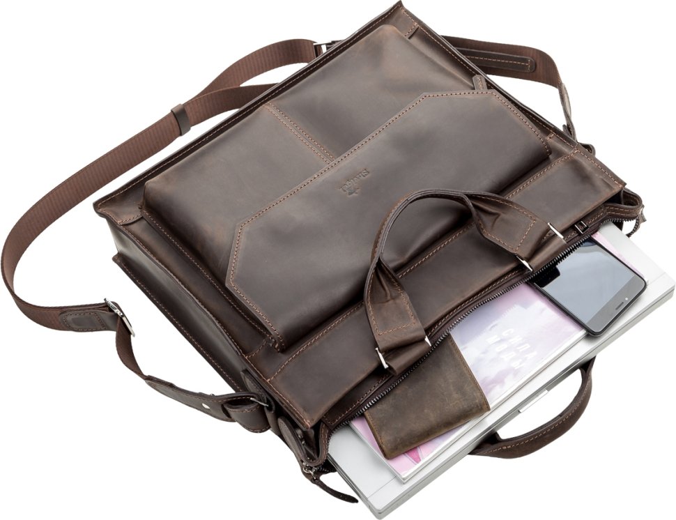 Темно-коричневая сумка для ноутбука из кожи крейзи хорс SHVIGEL (11109)
