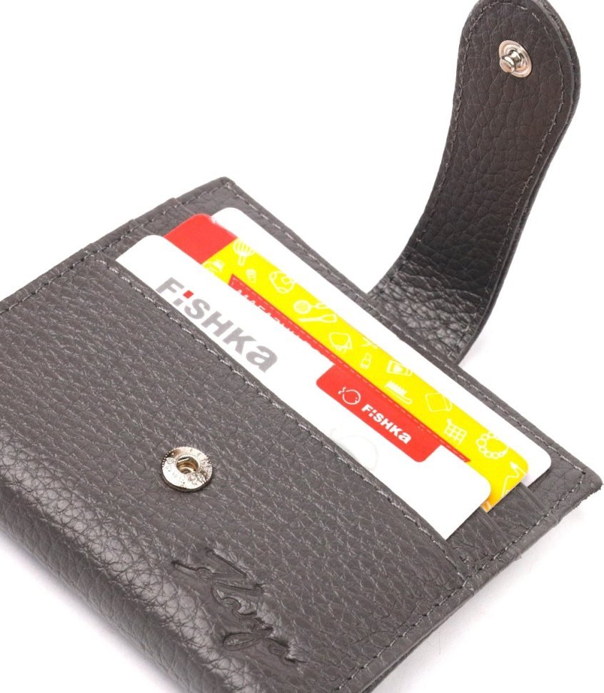 Сірий жіночий гаманець із натуральної шкіри з хлястиком на кнопці KARYA (2420946)