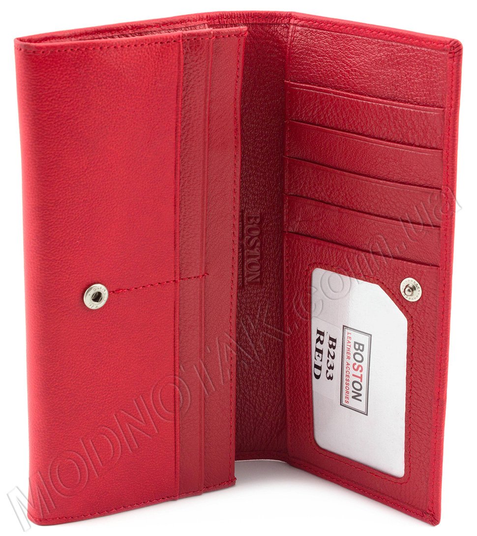 Красный кожаный кошелек с фиксацией на кнопку BOSTON (17667)