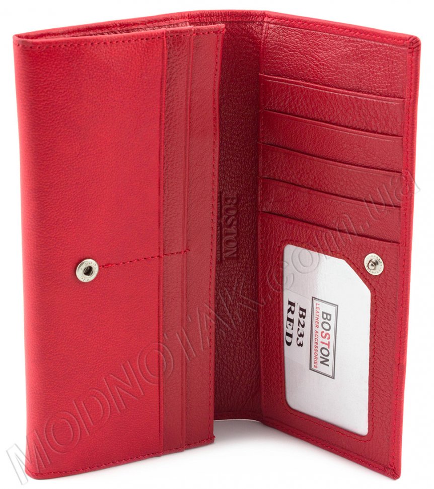 Красный кожаный кошелек с фиксацией на кнопку BOSTON (17667)