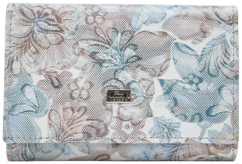 Женский кошелек с фактурной кожи на кнопке с монетницей Desisan 106760 бежевого цвета принт цветов modnotak фото №1