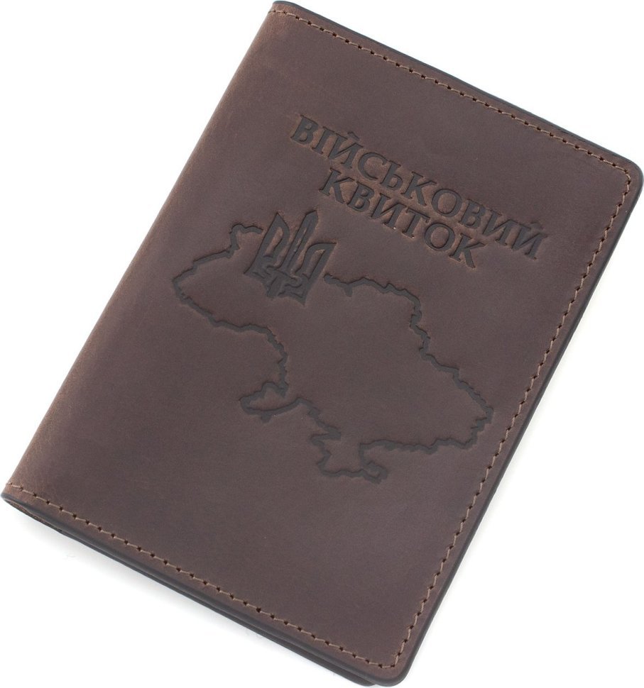 Вінтажна обкладинка для військового квитка з темно-коричневої шкіри з картою України - Grande Pelle (21952)
