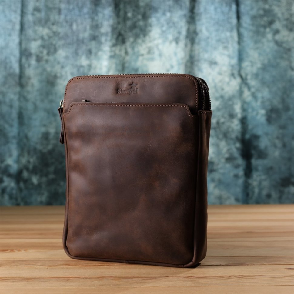 Мужская сумка из натуральной винтажной кожи коричневого цвета Shvigel через плечо 108360 modnotak фото №8