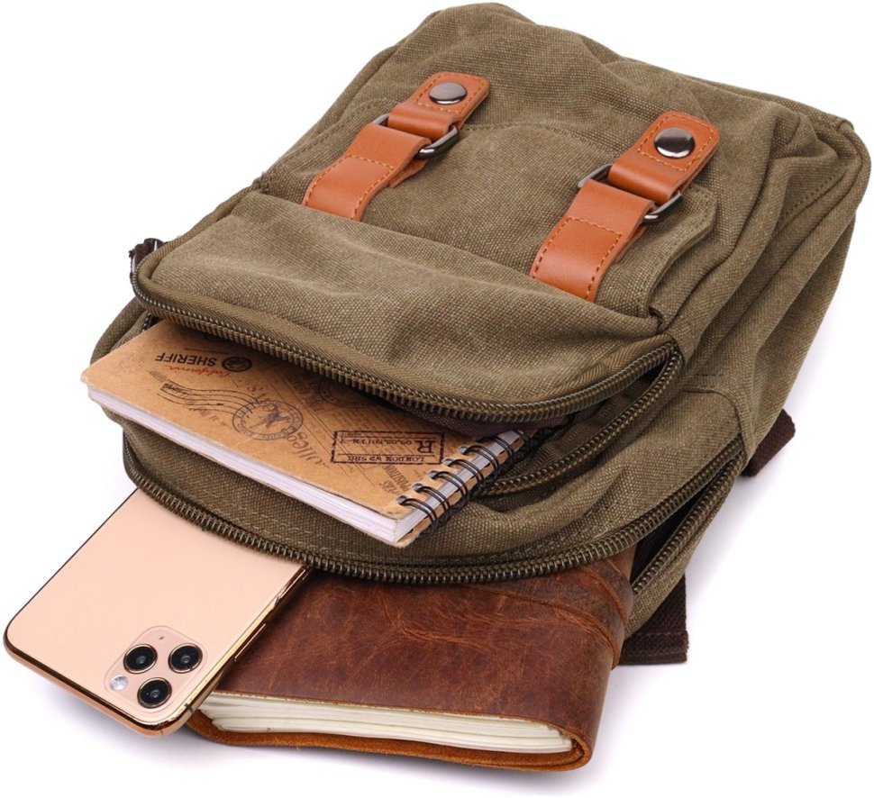 Чоловічий текстильний слінг рюкзак оливкового кольору в стилі мілітарі Vintage 2422163