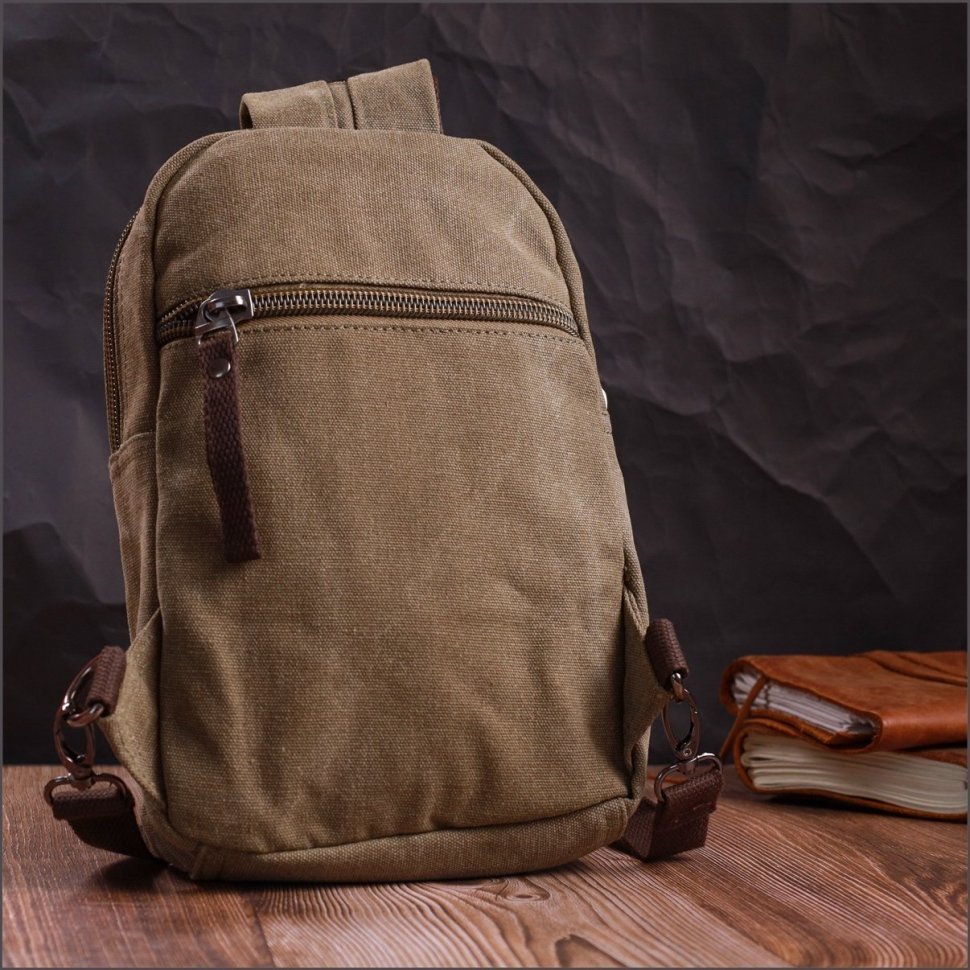 Чоловічий текстильний слінг рюкзак оливкового кольору в стилі мілітарі Vintage 2422163