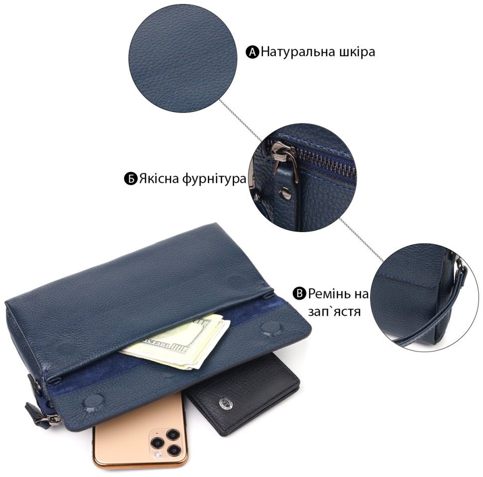 Чоловічий клатч середнього розміру із натуральної шкіри синього кольору CANPELLINI (2421550) modnotak фото №11