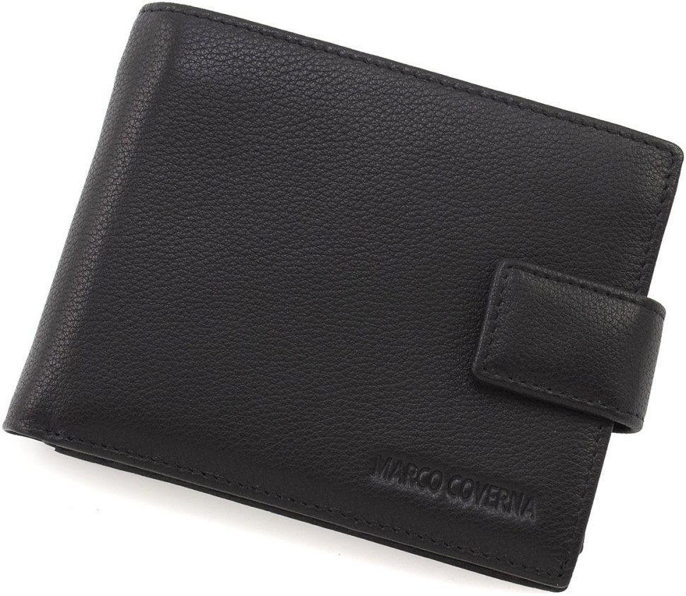 Якісне чоловіче портмоне із натуральної шкіри чорного кольору з блоком для карт та документів Marco Coverna 68660