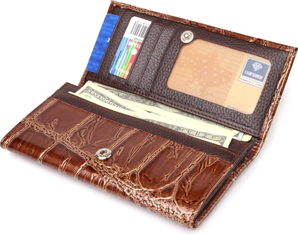 Коричневий жіночий гаманець із натуральної шкіри під крокодила з клапаном на кнопці CANPELLINI (2421652)