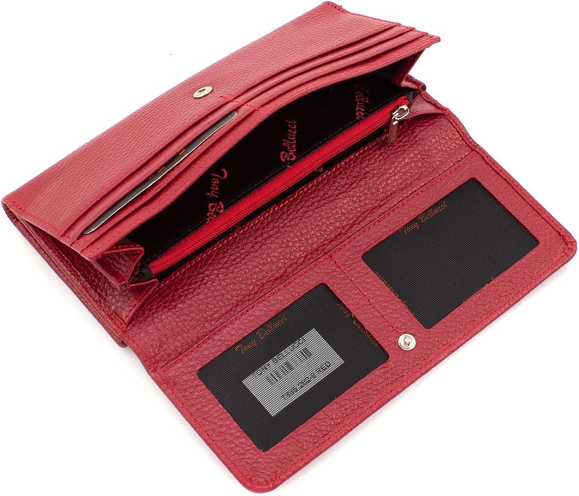 Просторий жіночий гаманець червоного кольору з натуральної шкіри на кнопці Tony Bellucci (10869)