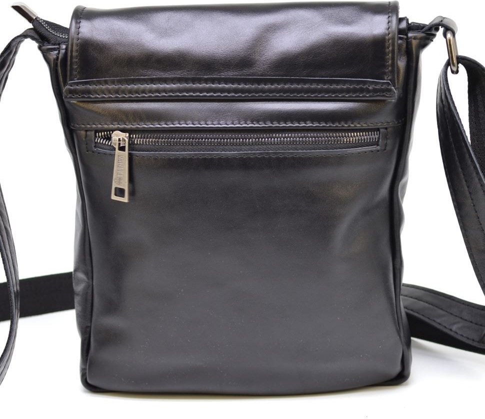 Чорна чоловіча сумка-планшет через плече із натуральної шкіри з клапаном TARWA (21675)