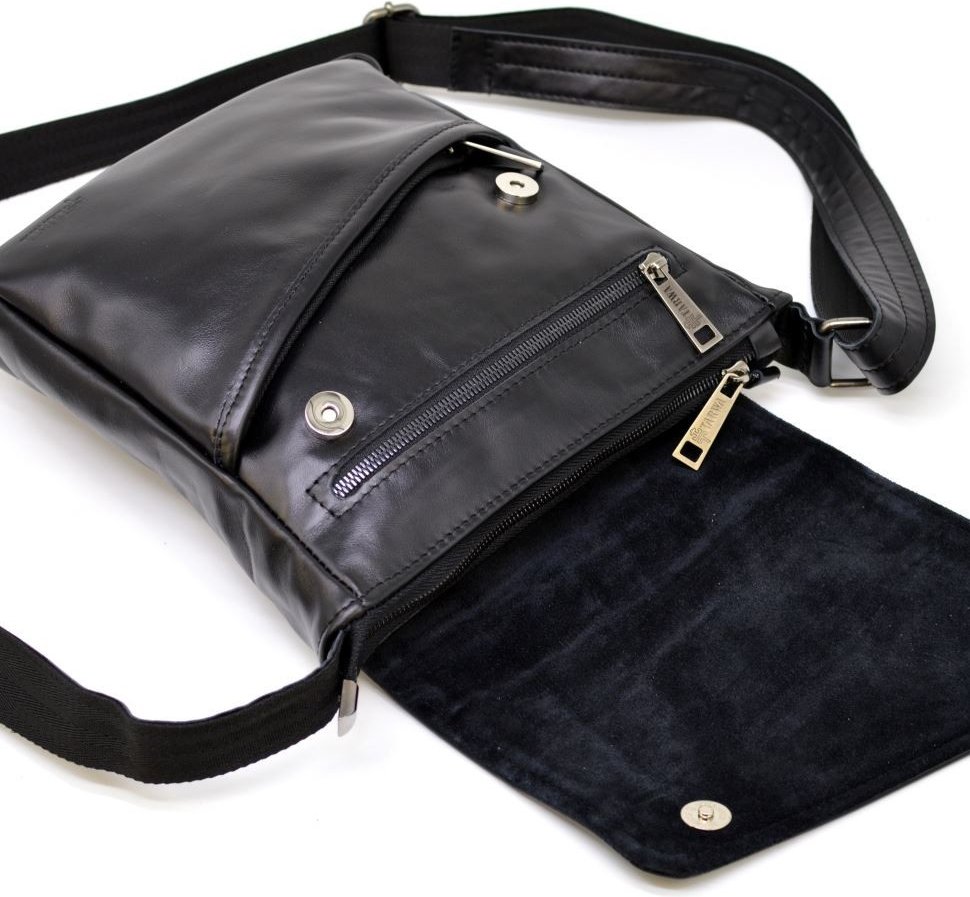 Черная мужская сумка-планшет через плечо из натуральной кожи с клапаном TARWA (21675)